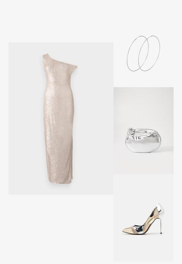 Knee-length, obleka z enim ramenskim trakcom v svetlo bež barvi s prilegajočo silhueto, ki ima sekvinsko teksturo in eleganten, raven dizajn.; Čevlji z visoko peto in konico, v barvni kombinaciji srebrne, zlate in nude. Sijajna obdelava z izrezljanim dizajnom, z igličasto peto.; Srebrna kovinska torbica z mehko, zaobljeno obliko in zavezano zgornjo zaporo. Narejena iz gladkega umetnega usnja.; Srebrne uhane v obliki obroča z minimalističnim dizajnom. Krožna oblika, gladka tekstura in tanek profil. Lahki s poliranim zaključkom.