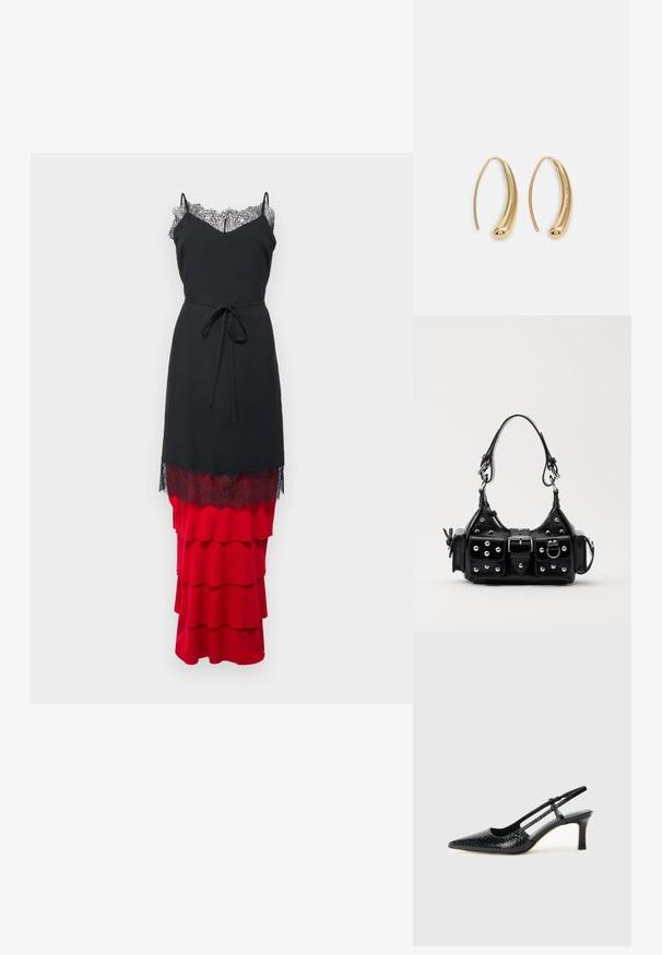 Juoda suknelė su nėriniu apykakle ir sluoksniuota raudona klostuota sijonu. Yra plonos petnešėlės ir surišamas juosmuo.; Juodai lakuoti slingback aukštakulniai su smailiu nosiu, su tekstūruotu gyvatės raštu, reguliuojama juosta ir trumpu, tekstūruotu blokiniu kulnu.; Juodas odinis rankinukas su kreiviu dizainu, su sidabro spalvos knopkėmis, užsegimu ir dviem šoninėmis kišenėmis. Reguliuojama dirželis nešimui.; Auksinės metalinės auskarų kabės su lenktą, pailgą forma. Turi lygų, blizgantį paviršių ir užapvalintą galiuką papildomam akcentui.