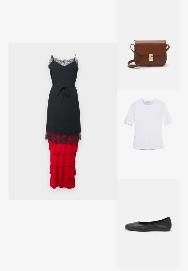 Rochie neagră cu dantelă la decolteu și fustă roșie plisată în straturi. Prezintă bretele subțiri și un detaliu cu fundă la talie.; Tricou alb cu mânecă scurtă, confectionat dintr-un material texturat. Gât rotund, tăietură regulară și detalii subtile de cusătură. Fără modele sau grafice.; Balerini din piele neagră, cu vârf rotund, textură netedă, detalii de cusătură minimale și un design al tălpii flexibil.; Geantă de piele maro cu închidere tip capac, accesorii de culoare aurie, curea de umăr și o textură netedă. Formă compactă și rectangulară.