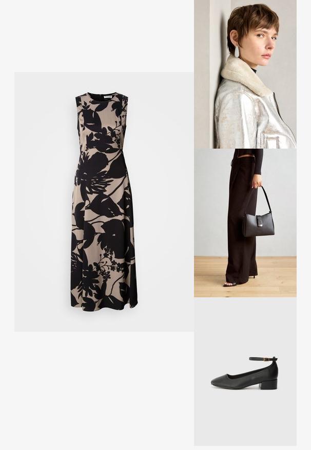 Bezrukávové šaty z béžovej tkaniny s veľkým čiernym kvetinovým vzorom. Majú okrúhly výstrih a bočné zapínanie na zips, splývavý siluetu v tvare A.; Čierne kožené lodičky s špicatou špičkou a nízkym blokovým podpätkom. Obsahuje remienok okolo členka so zlatým prackou. Hladký povrch.; Čierna kabelka so štruktúrovaným tvarom, hladkou textúrou a kovovou sponou. V kombinácii so širokými čiernymi nohavicami a sandálmi s otvorenou špičkou na drevenej podlahe.; Strieborná metalická kožená bunda s ovčím golierom, ktorá má zips a štruktúrovaný povrch. Veľké slzovité náušnice s priehľadnými drahokamami.