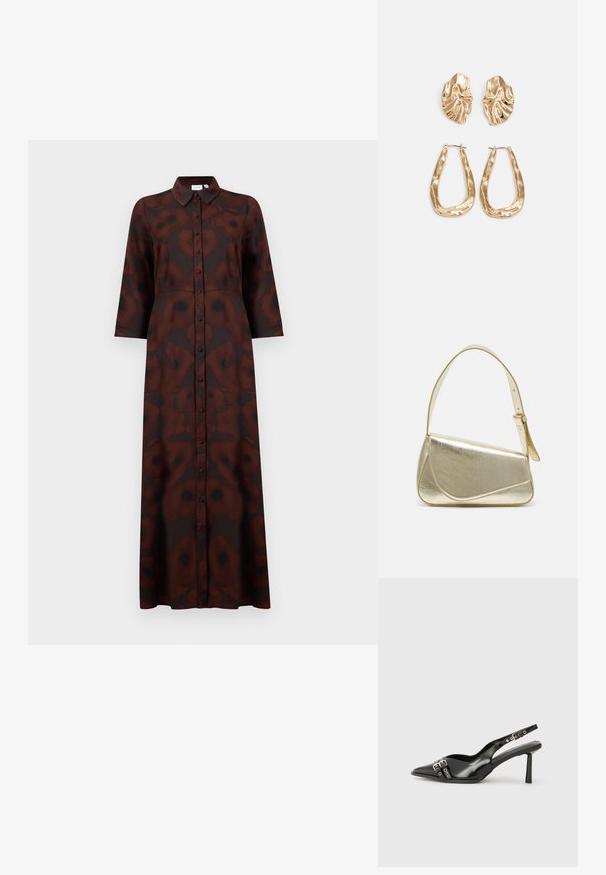 Ilga marškinėlių suknelė su tamsiai ruda ir juoda abstrakčia gėlių raštu, ilgomis rankovėmis ir smailiu apykakle.; Juodas lakuotas odinis batelis su smailiu pirštu, kulkšnies dirželiais su sidabrinėmis sagtimis ir detalėmis, bei plonu kulnu.; Aukso metalinės rankinės su struktūrizuotu dizainu, lygaus paviršiaus ir reguliuojama dirželiu. Pasižymi unikaliu trikampiu pavidalu ir minimalizmu siuvinėjime.; Auksinės auskarai, turintys tekstūruotus, bangų formos elementus. Įeina skulptūriniai segami auskarai ir atviri lankai su išmuštu paviršiumi.