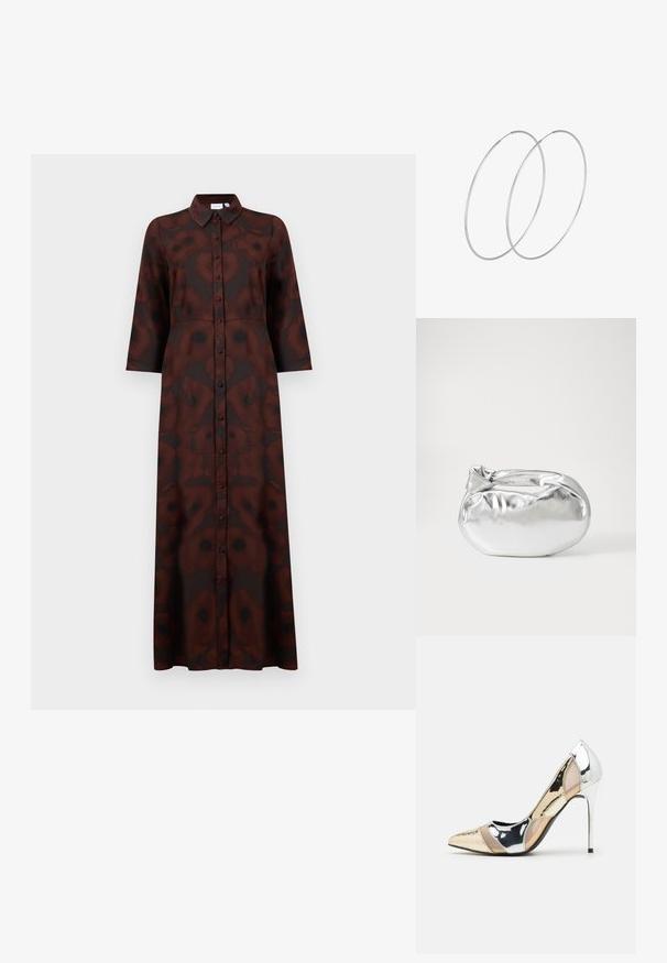Długa sukienka koszulowa z ciemnobrązowym i czarnym abstrakcyjnym wzorem kwiatowym, długimi rękawami i spiczastym kołnierzykiem.; Czółenka na wysokim obcasie z wąskim noskiem w kolorze srebrnym, złotym i nude. Lśniące wykończenie z wycięciami, z obcasem w stylu stiletto.; Srebrna metaliczna torba worek o miękkim, zaokrąglonym kształcie i zawiązywanym z góry zapięciem. Wykonana z gładkiego materiału imitującego skórę.; Srebrne kolczyki w formie obręczy o minimalistycznym designie. Okrągły kształt, gładka faktura i cienki profil. Lekkie, z polerowanym wykończeniem.