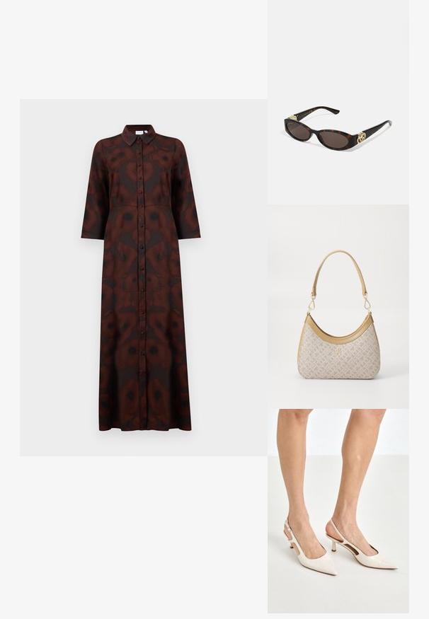 Długa sukienka koszulowa z ciemnobrązowym i czarnym abstrakcyjnym wzorem kwiatowym, długimi rękawami i spiczastym kołnierzykiem.; Beżowe lakierowane szpilki z odkrytą piętą, zakończone spiczastym noskiem i 5 cm obcasem, z wyciętymi bokami oraz cienkim paskiem na kostce.; Słoneczne okulary w kolorze żółwi z wydłużonymi owalnymi soczewkami, brązowym odcieniem, złotymi akcentami logo na zausznikach oraz smukłymi czarnymi ramionami.; Beżowa torebka w wzory o zakrzywionym kształcie, z skórzanymi akcentami i złotym logo z przodu. Posiada krótki uchwyt, co ułatwia noszenie.