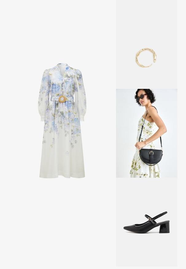 Forever New PEYTON TRIM DETAIL MIDI - Kokteilikleit/peokleit - blue warrantina; Mustad läikivad nahast slingback-kõrged kontsad, millel on terav nina, ümar lõikekujundus ja blokknina. Omab kuldset nupu aktsenti.; Mustmust mustraha kõverate joontega, eemaldatava rihmaga ja kuldsete detailidega. Kotil on klapp, millel on pandladetail.; Kuldtoonis sõrmus, millel on orgaaniline, keerdunud disain sileda tekstuuri ja kitsenevate otstega, luues kaasaegse skulptuurilise välimuse.