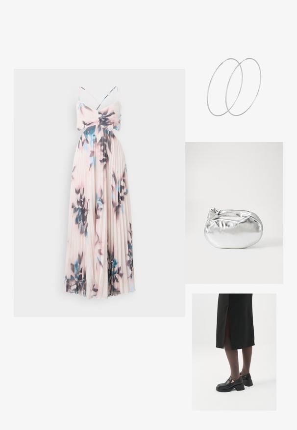 Peene maxi kleit pehmes roosas toonides sinise ja musta lillemustriga. Omab õhukesi rihmasid ja keha lähedalt liibuvat pluusi, millele järgneb voolav seelik.; Mustad mustad jalatsid ümmarguse varbaga, paksu plokkniidi ja elastsete külgdetailidega, kombineeritud tumedate sukkade ja musta lõhikuga seelikuga.; Hõbedane metallikoti kott pehme, ümar kuju ja sõlme ülemise sulgemisega. Valmistatud siledast kunstnahast materjalist.; Hõbedased rõngastikkaehingad minimalistlikus disainis. Ümar kuju, sile tekstuur ja õhuke profiil. Kerged ning poleeritud viimistlusega.