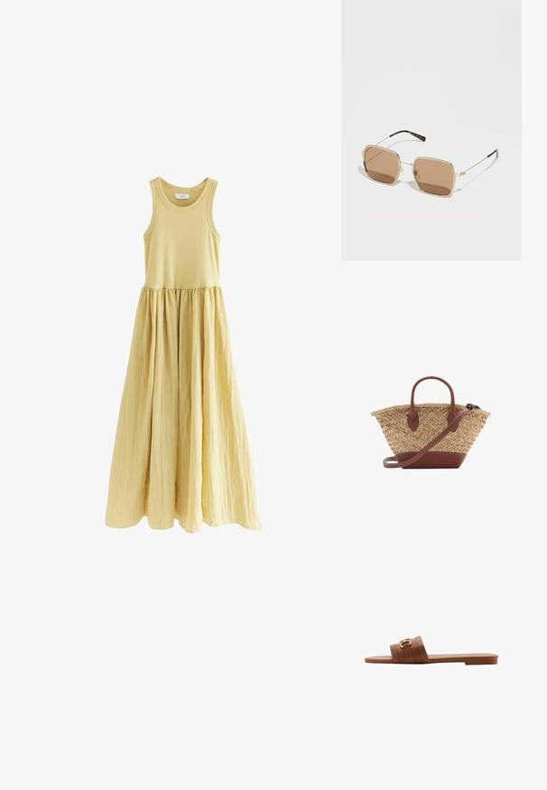 Maxi sukienka bez rękawów w miękkim odcieniu żółtego. Dopasowana góra z rozkloszowaną, marszczoną spódnicą. Gładka faktura materiału z wyraźną linią talii.; Brązowe skórzane klapki z dwiema szerokimi paskami, zdobionymi dekoracyjnym przeszyciem i złotą klamrą. Płaska podeszwa.; Złote okulary przeciwsłoneczne o kwadratowym kształcie, brązowych soczewkach i subtelnych akcentach w kolorze zielonym i czerwonym na oprawce. Cienkie, smukłe zauszniki.; Woven straw basket bag with brown leather accents, two handles, and a detachable strap. Curved shape with a sturdy base.; Bransoletka bangle w kolorze złotym ma gładkie wykończenie i siedem przezroczystych cyrkonii równomiernie rozmieszczonych na bandzie. Wewnątrz wygrawerowane logo.