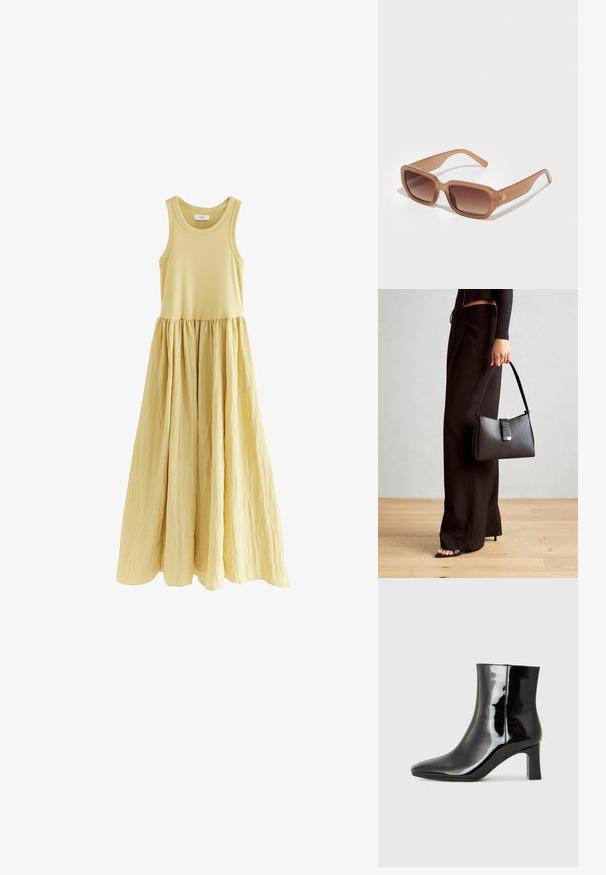 Vestido maxi sin mangas en amarillo suave. Parte superior ajustada con falda acampanada y arrugada. Textura de tela lisa con una cintura definida.; Botín de charol negro con punta afilada y un tacón de bloque de altura media. Textura suave y diseño minimalista.; Gafas de sol rectangulares marrones con lentes en degradé, montura gruesa y un detalle de logo en el lateral. Material de plástico suave, diseño minimalista.; Bolso negro con forma estructurada, textura suave y un cierre metálico. Combinado con pantalones anchos negros y sandalias de dedo en un suelo de madera.