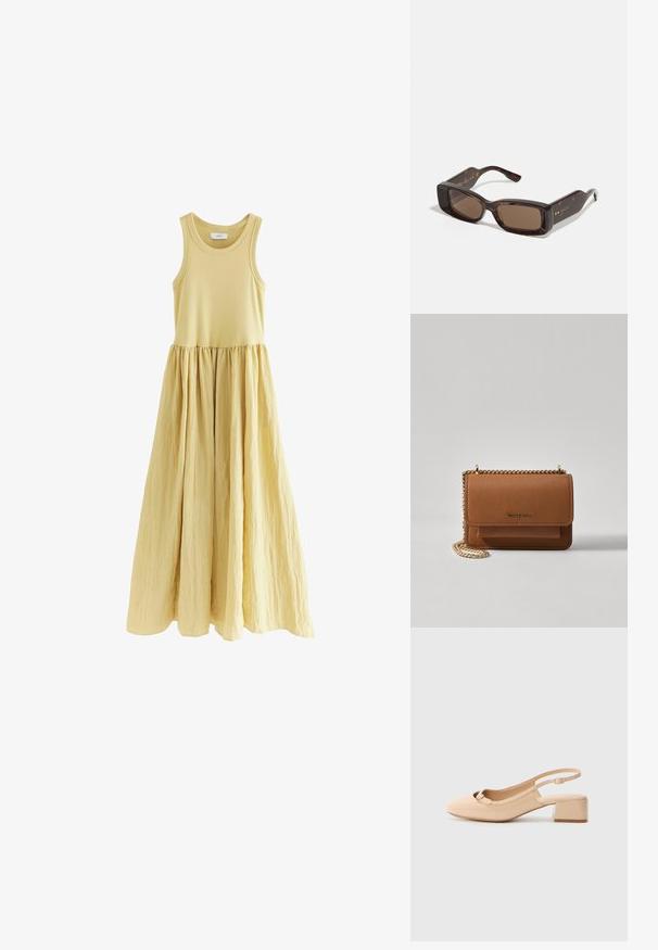 Rochie maxi fără mâneci, de un galben deschis. Bust ajustat cu fustă crăpată în formă de A. Textură de stofă netedă cu talie definită.; Pantofii slingback din piele lustruită bej, cu vârf pătrat, toc mic și detaliu decorativ sub formă de fundiță pe brățara din față.; Ochelari de soare Gucci cu lentile dreptunghiulare de culoare maro, ramă din acetat cu model țestoasă și detalii cu logo auriu pe brațe.; Geantă crossbody din piele texturată maro, cu curea din lanț aurit și închidere cu clapetă. Partea din față prezintă detalii cu logo și o buzunar sub clapetă.