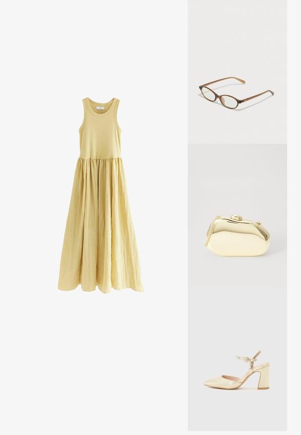 Bezramenné maxi šaty v jemné žluté barvě. Přiléhavý vršek s A-čkovou, zmačkanou sukní. Hladká textura látky s definovaným pasem.; Zlatý metalický lodičkový bot s špičatou špičkou, kotníkovým páskem se zakulaceným zapínáním a designem masivního podpatku. Hladká textura.; Hnědé želvovinové brýle s oválnými skly, tenkými bočními nohami a průhlednými akcenty. Obsahují decentní logo na stranu. Elegantní, lehký design.; Metalická zlatá kabelka s hladkým, zaobleným tvarem, opatřená horním zapínáním na knoflík a malým řetízkovým popruhem pro nošení.