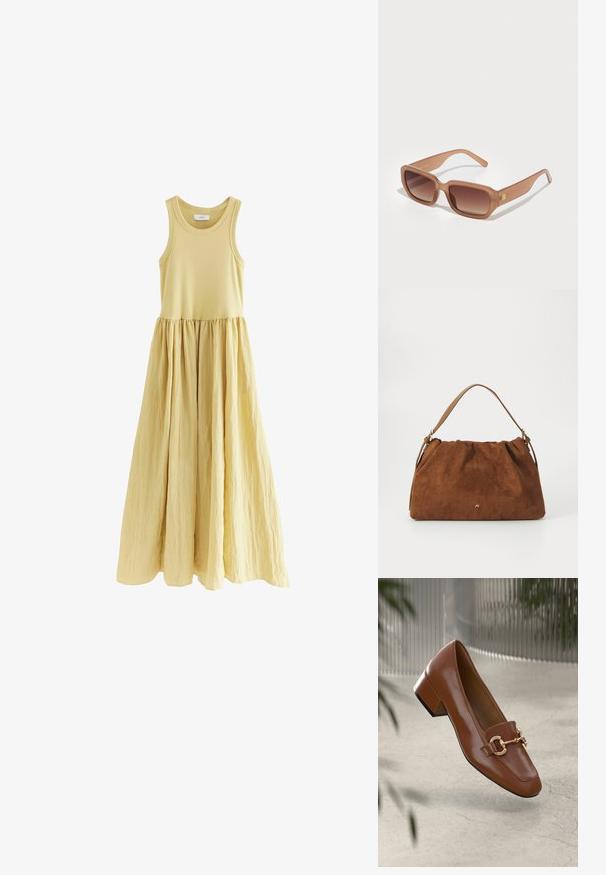 Maxi obleka brez rokavov v mehki rumeni barvi. Prilegajoč zgornji del z A-linijo in gubanimi krili. Gladka tekstura tkanine z definiranimi pasom.; Rjavi lakirani loafer z kvadratnim nosom, kovinsko verigo kot okrasom in nizko blok podplatom; gladka tekstura, minimalističen dizajn.; Rjavi pravokotni sončna očala z gradientnimi lečami, debelimi okvirji in detajlom logotipa na strani. Gladek plastičen material, minimalističen dizajn.; Rjava nubukova torbica z nabranim dizajnom, ki ima en sam tanek usnjen ročaj in subtilno zlate podrobnosti s logotipom na sprednji strani.