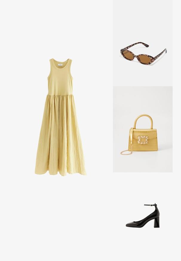 Abito lungo senza maniche di un giallo morbido. Top aderente con gonna a trapezio arricciata. Tessuto liscio con vita definita.; Décolleté neri in vernice con cinturino alla caviglia, finitura lucida, punta affusolata e tacco a blocco spesso. Texture liscia, dettagli minimi.; Occhiali da sole in tartaruga con lenti ovali, tono marrone, bracci sottili con un motivo testurizzato, montatura in plastica leggera.; Borsa finta coccodrillo gialla con design strutturato, manico superiore, tracolla a catena removibile e abbellimenti in cristallo decorativi sulla chiusura.