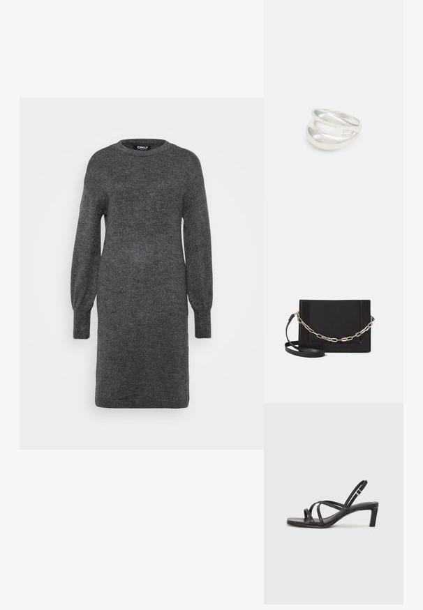 Pelēkaadīto kleita ar garām, apjomīgām piedurknēm un apaļu kakla izgriezumu. Mīksta tekstūra un brīva piegriezuma. Nav redzamu rakstu vai rotājumu.; Melnas strappy sandales ar kvadrātveida purngaliem un zemu bloku papēdi. Ievērojamas ar vairākiem plāniem siksniņām un regulējamu potītes siksniņu. Izgatavotas no gludas ādas.; Melna ādas crossbody soma ar gludu faktūru, taisnstūrveida formu un metalizētu ķēdes detaļu priekšā. Iekļauta regulējama siksna.; Sudraba divu joslu gredzens ar gludu, pulētu virsmu. Iezīmējas ar plūstošu, izliekta dizaina struktūru ar pārklājošām sekcijām modernam izskatam.