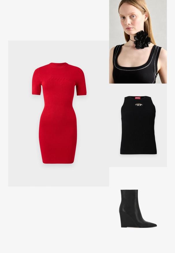 Rode gebreide jurk met korte mouwen, slanke pasvorm en ronde halslijn. Kenmerkt zich door verhoogde "bango" tekstdetails aan de voorkant.; Zwarte geribde tanktop met een ronde halslijn, voorzien van een zilveren Diesel-logo in het midden. De stof is textuur en aansluitend.; Zwarte enkellaars met wigvorm gemaakt van textuurleer; heeft een spitse neus en een gladde, strakke uitstraling met een afgeronde silhouet.; Zwarte bloemen choker ketting gemaakt van gelaagde bloemblaadjes, gedragen met een zwarte ribgebreide tanktop met zilveren accenten langs de halslijn en schouders.