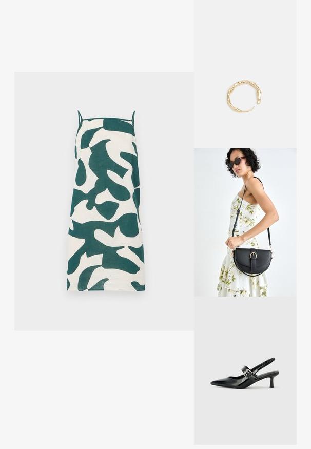 Kreemist spagetti-rinnaga kleit, millel on roheline abstraktne kamuflaažimuster. Omab sirget lõiget ja kerget kangast.; Mustad patenteeritud nahast sildiga kontsad, millel on terav nina ja väike plokk-konts, mille rihmal on hõbedane pandla aksessuaar.; Mustmust mustraha kõverate joontega, eemaldatava rihmaga ja kuldsete detailidega. Kotil on klapp, millel on pandladetail.; Kuldtoonis sõrmus, millel on orgaaniline, keerdunud disain sileda tekstuuri ja kitsenevate otstega, luues kaasaegse skulptuurilise välimuse.