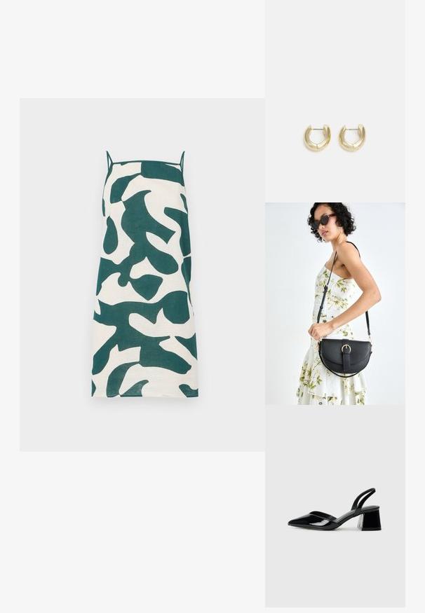 Kjol med spagettiband i krämfärg med grönt abstrakt kamouflagemönster. Har en rak skärning och lätt vikt.; Svarta lackläder slingback klackar med spetsig tå och geometrisk klack. Har en elegant, minimalistisk design och slät yta.; Svart läderhandväska med en böjd form, avtagbar rem och guldiga detaljer. Väskan har ett lock med en spänndetalj.; Guldtonade ringörhängen med en slät, polerad yta. Har en halvcirkelform och en säker bakgång.