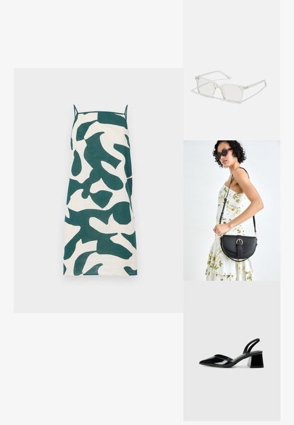 Šaty na tenké ramínka v krémové barvě s zeleným abstraktním maskovacím vzorem. Mají rovný střih a lehkou tkaninu.; Černé lakované kožené lodičky na pásku s špičatou špičkou a geometrickým blokovým podpatkem. Vyznačují se elegantním, minimalistickým designem a hladkým povrchem.; Průhledné plastové brýle čtvercového rámečku s průsvitnými čočkami, které mají zlaté akcenty na spáncích pro zvýraznění detailů.; Černá kožená kabelka s křivkovým tvarem, odnímatelným popruhem a zlatými detaily. Kabelka má klopu s přezkou.