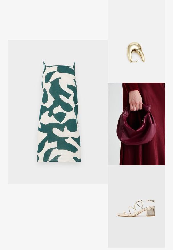 Krém színű, zöld absztrakt kamuflázs mintájú spagetti pántos ruha. Közvetlen szabással és könnyű anyaggal rendelkezik.; Arany fémes, pántos szandál négyzet alakú blokk sarkal és nyitott orral. Vékony pántokkal és hátul állítható bokapánttal rendelkezik.; Burgundi bőrtáska puhán ráncolt dizájnnal és kerek alakban. A fogantyú rögzítve van, sima textúrával rendelkezik.; Aranyszínű fém fülbevaló, elegáns, ívelt formával. Különleges hegyes alak, fényes felszín és zsanéros záródás jellemzi.