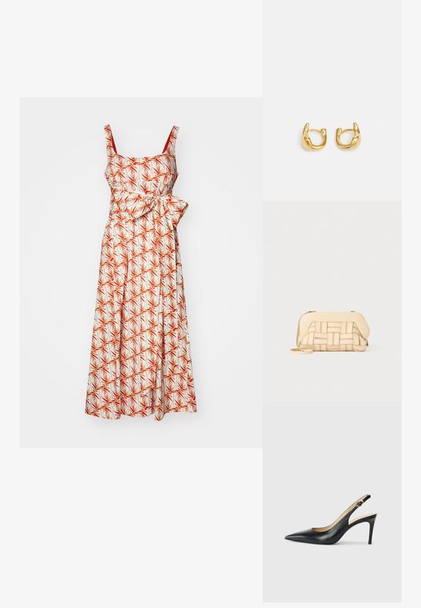 Blomtryckt midiklänning i vitt, med röda och gröna palmlövsmönster, tunna axelband och en bälte i midjan för formning.; Svarta läder slingback-högklackade skor med spetsig tå, justerbar rem och en smal stilettklack, med en slät finish.; Vävd beige handväska med en strukturerad design, med en slät ovansida och en lång rem. Texturerad detaljering förbättrar det övergripande utseendet.; Guldörhängen med en slät, rund design och en polerad yta. Örhängena har en kompakt, tjock form och en sömlös spänne.