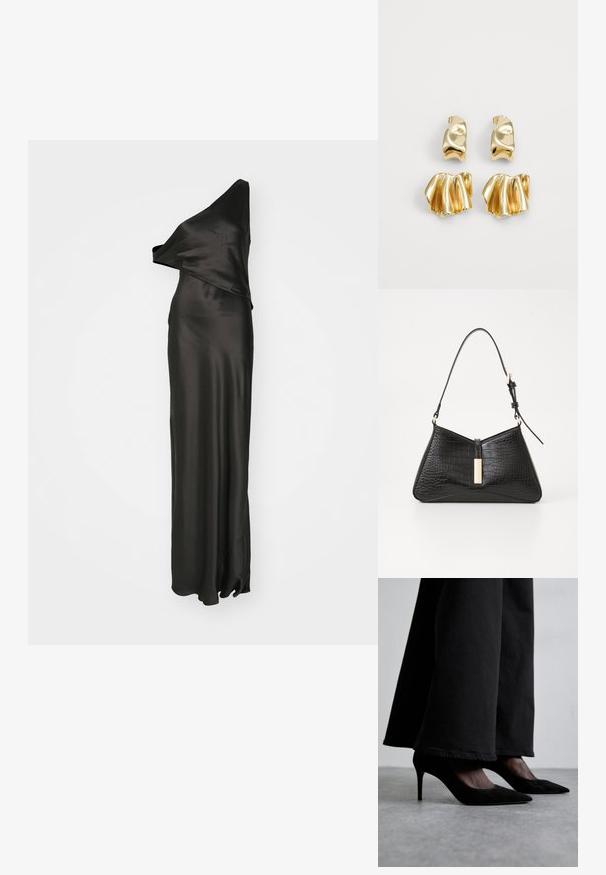 Černé saténové šaty s jedním ramenem, s drapovanou texturou a dlouhým střihem s nezdobenými okraji.; Černé z semišové kůže, vysoké boty na podpatku s špičatou špičkou, nošené s černými širokými kalhotami, mají elegantní design a jemný lesk.; Černá kabelka vyrobená z materiálu s embosovaným krokodýlím vzorem, s trojúhelníkovým tvarem, štíhlým ramenním popruhem a zlatým kovovým detailem uprostřed.; Náušnice ve zlatém provedení s vlnitým, strukturovaným designem, který obsahuje hladké a žebrované prvky. Klipsové provedení s lesklým povrchem.