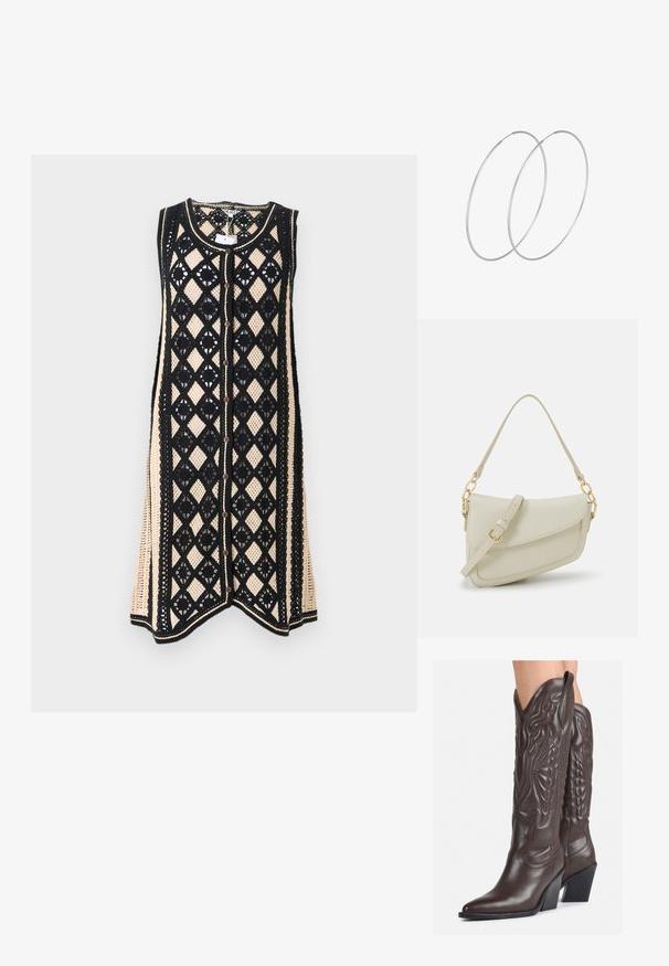 Abito senza maniche lavorato a maglia con motivo a diamante; presenta rete nera con accenti beige e bottoni frontali. I bordi sono rifiniti con un bordo a contrasto.; Stivali da cowboy in pelle marrone con punta affusolata e tacco a blocco, caratterizzati da dettagliati ricami e accenti rialzati sul gambale.; Piccola borsa a tracolla crema con finitura testurizzata, una lunga tracolla regolabile, un accento a catena e chiusura a patta. Dettagli in hardware dorato.; Orecchini a cerchio in argento con un design minimalista. Forma circolare, superficie liscia e profilo sottile. Leggeri con una finitura lucida.