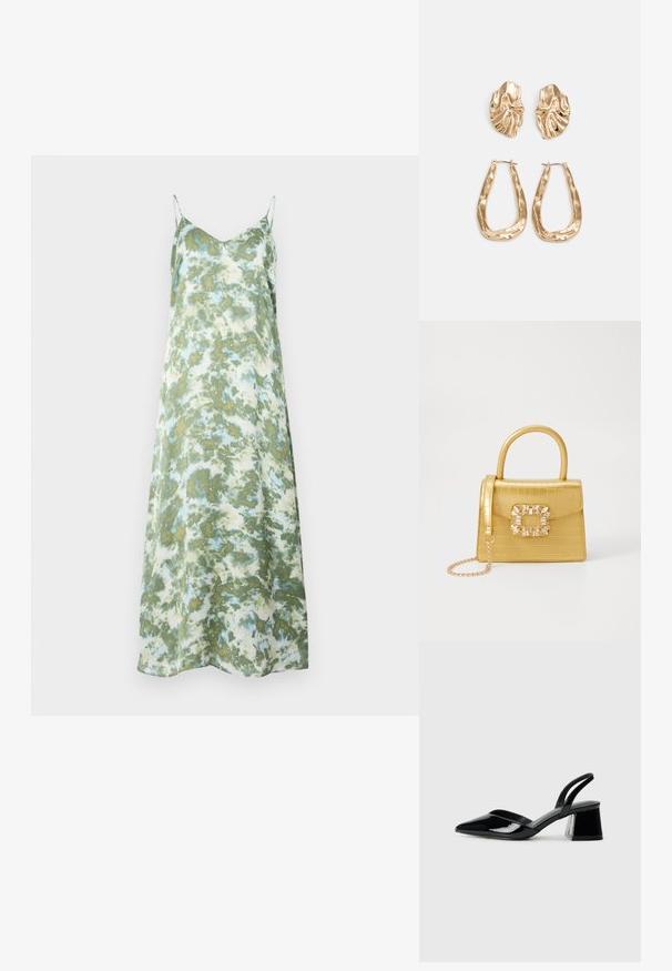 Svilena zelena haljina s svijetloplavim i krem uzorcima u apstraktnom stilu. Haljina s trakama i lepršavim krojem dužine do gležnjeva. Glatka tekstura.; Crne lakirane kožne sandale s otvorenom petom i špicastim vrhom, s geometrijskom blok petom. Imaju elegantan, minimalistički dizajn i glatku teksturu.; Žuta torbica od umjetnog krokodila sa strukturiranim dizajnom, gornjom ručkom, odvojivim lančićem i dekorativnim kristalnim ukrasom na kopči.; Naušnice zlatne boje s teksturiranim, valovitim oblicima. Uključuju skulpturalne kopče i dizajn otvorene kružnice s kovanom završnom obradom.