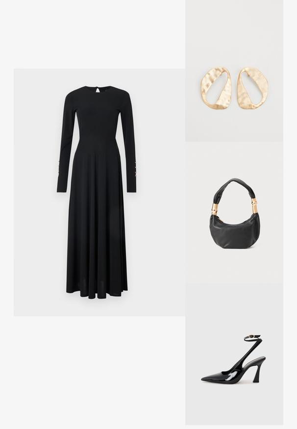 Črna dolga obleka z dolgimi rokavi in prilegajočim se korzetom, tekočo krilo, okrogla izreza in ključavnico na hrbtu. Vsebuje dekorativne zaponke na rokavih.; Črne patentne usnjene slingback visoke pete s koničastim nosom, nastavljivim gležnjastim trakom in zmerno blokasto peto. Gladka tekstura z bleščečim zaključkom.; Črna usnjena torbica okrogle oblike, mehke teksture, z vozlanim ročajem in zlatimi kovinskimi dodatki. Zadrga za zapiranje.; Par nenavadno ovalnih zlatih metalnih uhani s teksturirano, rahlo udarjeno površino na belem ozadju.