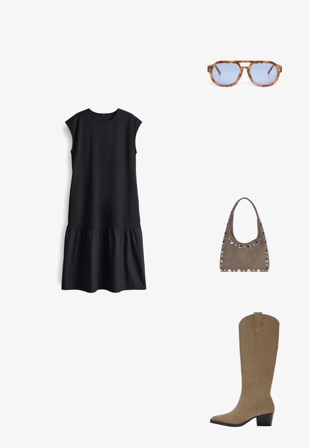 Schwarzes Kleid mit rundem Ausschnitt, kurzen Ärmeln und gestuftem Saum. Hergestellt aus glattem Stoff, mit einer lockeren Silhouette und ohne sichtbare Hardware.; Knöchelhohe, sandfarbene Wildlederstiefel mit spitzer Zehenform, gestapeltem Absatz und genähten Details an den Seiten. Glatte Textur und strukturierte Form.; Schildkrötensonnenbrille mit blauen Gläsern, eckigem Design, dickem Rahmen und Ausschnitt für die Nasenbrücke; mit goldenen Akzenten an den Schläfen.; PULL&BEAR SHOPPER - Shopping Bag - grey