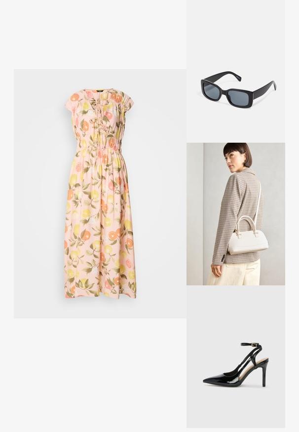 Rochie maxi dintr-un material roz deschis cu un model floral ce include portocale și lămâi. Decolteu ondulat, mâneci scurte și talie elastică.; Pantofii slingback din piele lăcuită neagră cu toc înalt, vârf ascuțit, brățară reglabilă la gleznă și părți laterale deschise. Textură netedă.; Ochelari de soare negri rectangulari cu lentile întunecate, cadru gros din plastic și tâmple late. Suprafață netedă și design unghiular.; Geantă structurată albă, cu mânere scurte și curea de umăr, având accente din metal aurit și material texturat, expusă pe un fundal gri.