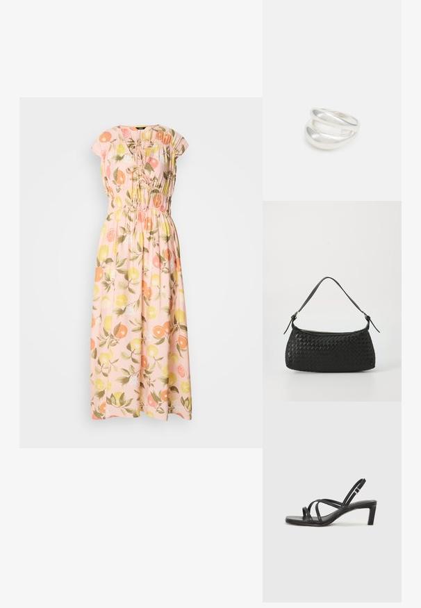 Heledast roosast kangast maxi kleit lillemustriga, millel on apelsinid ja sidrunid. Narmastega kaelus, lühikesed varrukad ja elastne vöökoht.; Mustast rihmajalatsid ruudukujulise varba ja madala ploki kontsaga. Omab mitmeid õhukesi rihmasid ja reguleeritavat pahkluu rihma. Valmistatud siledast nahast.; Must mustriga õlakott sujuvate nahkliistude ja tõmblukuga. Omab tekstuurset pinda ja kaarjat kuju.; Hõbedane kahekordne rõngas sujuva, poleeritud pinnaga. Omab voolavat, kõverat disaini, millel on kattuvad sektsioonid, et saavutada kaasaegne ilme.