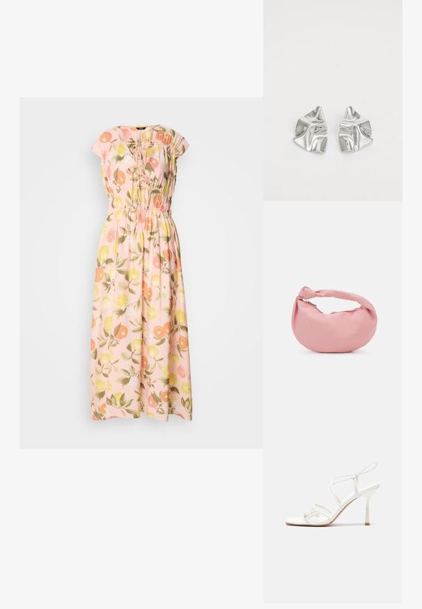 Heledast roosast kangast maxi kleit lillemustriga, millel on apelsinid ja sidrunid. Narmastega kaelus, lühikesed varrukad ja elastne vöökoht.; Valge rihmadega kõrge kontsaga sandaal, millel on lamedad varbatoed, tekstuuriga esiosa kogutud detailidega ja kitsas pahkluu rihm.; Even&Odd Käekott - pink; Hõbedased metallkõrvarõngad lainelise, skulpturaalse disainiga, millel on poleeritud viimistlus ja ebaregulaarsed kujundid, rõhutades kaasaegset esteetikat.