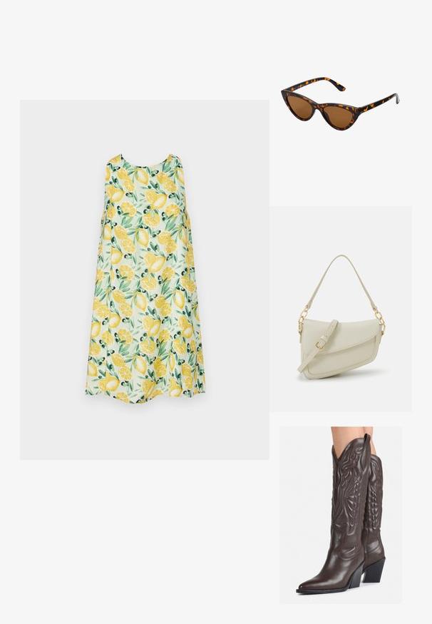 Abercrombie & Fitch TRAPEZE TEXTURE SHORT DRESS - Day dress - lemon print; Brown leather cowboy boots with pointed toe and block heel, featuring detailed stitching and raised accents on the shaft.; Cat-eye sunglasses with a black and orange tortoiseshell frame, brown lenses, and sleek, pointed tips. Features a minimal logo on the temple.; Small cream handbag with a textured finish, a long adjustable strap, a chain accent, and a flap closure. Gold hardware detailing.