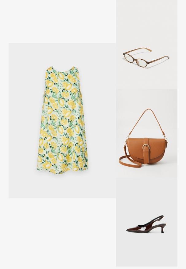 Abercrombie & Fitch TRAPEZE TEXTURE SHORT DRESS - Robe de jour - lemon print; Chaussure slingback en cuir verni marron avec un bout pointu et un talon modéré. Elle est dotée d'une sangle à boucle pour un ajustement sécuritaire. Texture lisse.; Lunettes en écaille de tortue marron avec des verres ovales, des branches fines et des accents transparents. Présente un logo subtil sur la branche. Design élégant et léger.; Lunettes en écaille de tortue marron avec des verres ovales, des branches fines et des accents transparents. Présente un logo subtil sur la branche. Design élégant et léger.; Sac bandoulière en cuir marron avec une forme incurvée, quincaillerie dorée et un accent en boucle. Comprend une bandoulière détachable.