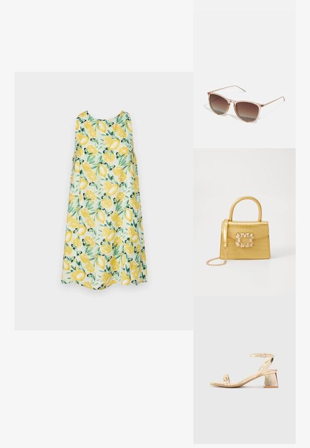 Abercrombie & Fitch TRAPEZE TEXTURE SHORT DRESS - Vestito casual - lemon print; Sandal in metallo dorato con tacco a blocco angolare, due cinghie sul piede e una cinghia alla caviglia regolabile. Tocco liscio.; Occhiali da sole con gradiente marrone e una montatura traslucida rosa, forma quadrata e aste in metallo sottili. Presentano bordi arrotondati e dettagli minimali.; Borsa finta coccodrillo gialla con design strutturato, manico superiore, tracolla a catena removibile e abbellimenti in cristallo decorativi sulla chiusura.