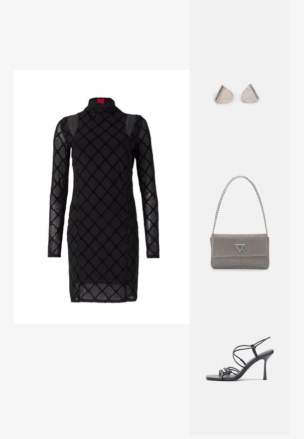 Fekete, hosszú ujjú ruha, gyémánt alakú mintázattal és áttetsző anyaggal. A magas nyak és a szabályozott fazon kiemeli a sziluettet.; Fekete magas sarkú szandálok vékony pántokkal, csomózott mintával, sima négyzetes orral és karcsú stiletto sarkal rendelkeznek.; Világosszürke fémes kézitáska lánc pánttal, kis kör alakú fém kifinomult díszítéssel és háromszög alakú márkagéppel.; Ezüst fém fülbevalók sima, csepp alakú formával és fényes felülettel. Finom gravírozások teszik részletessé. Minimalista dizájn.