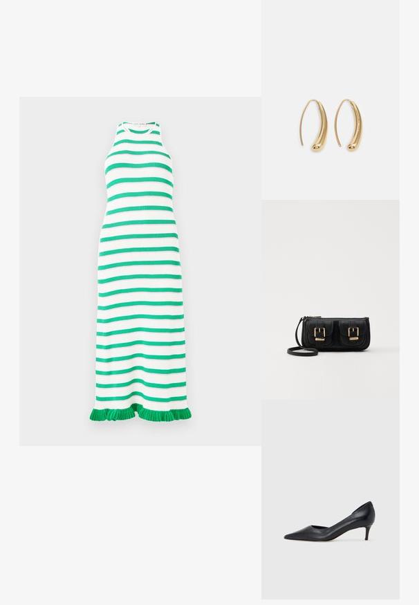 Juostuotas suknelė, kurioje yra pakaitinių žalių ir baltų horizontalių juostų, pagaminta iš banguotos medžiagos, su pūkuotu apvadu ir be rankovių dizainu.; Juodi odiniai aukštakulniai su smailiu priekeliu ir žemu kulnu. Turi lygią tekstūrą ir subtilų blizgesį. Priekyje yra atvira anga, suteikianti papildomo detalių.; Juodas odinis per petį nešiojamas krepšys su dviem priekiniais kišenėmis, auksiniais sagtimis, užtrauktuko uždarymu ir siauromis petnešomis. Textūruota paviršius ir kompaktiškas stačiakampis formatas.; Auksinės metalinės auskarų kabės su lenktą, pailgą forma. Turi lygų, blizgantį paviršių ir užapvalintą galiuką papildomam akcentui.