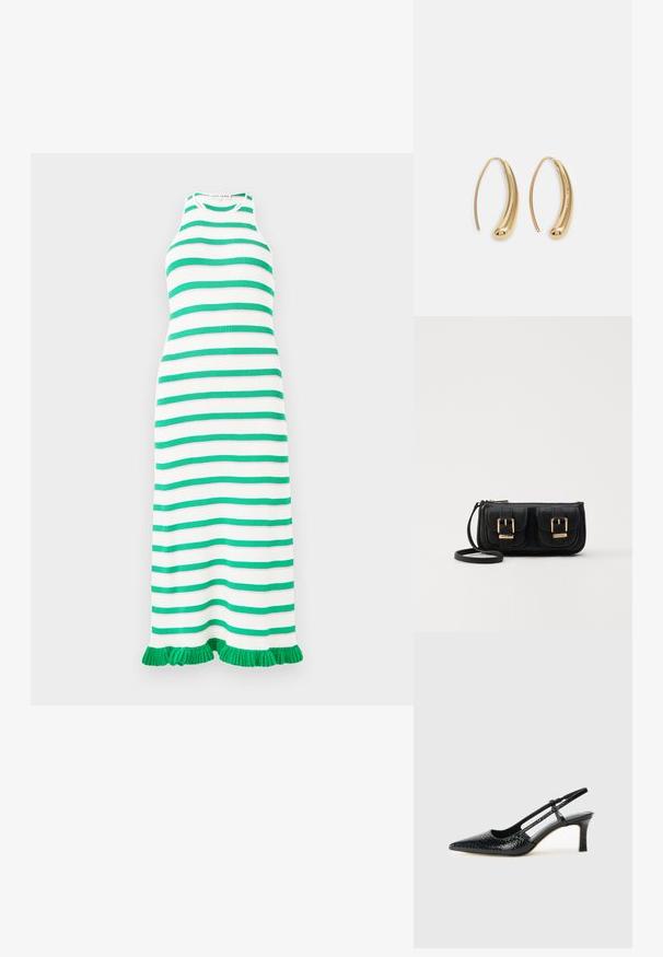 Vestido riscado com listras horizontais alternadas em verde e branco, feito de tecido canelado, com um acabamento com franjas na barra e design sem mangas.; Salto slingback em patente preta com bico apontado, apresentando um padrão de pele de cobra texturizado, tira ajustável e um salto bloco curto e texturizado.; Bolsa de ombro em couro preto com dois bolsos frontais, fivelas douradas, fecho de zíper e uma alça fina. Superfície texturizada e forma retangular compacta.; Brincos em metal dourado com forma de arco alongado e curvado. Apresentam uma superfície lisa e brilhante, com uma ponta arredondada para um detalhe adicional.