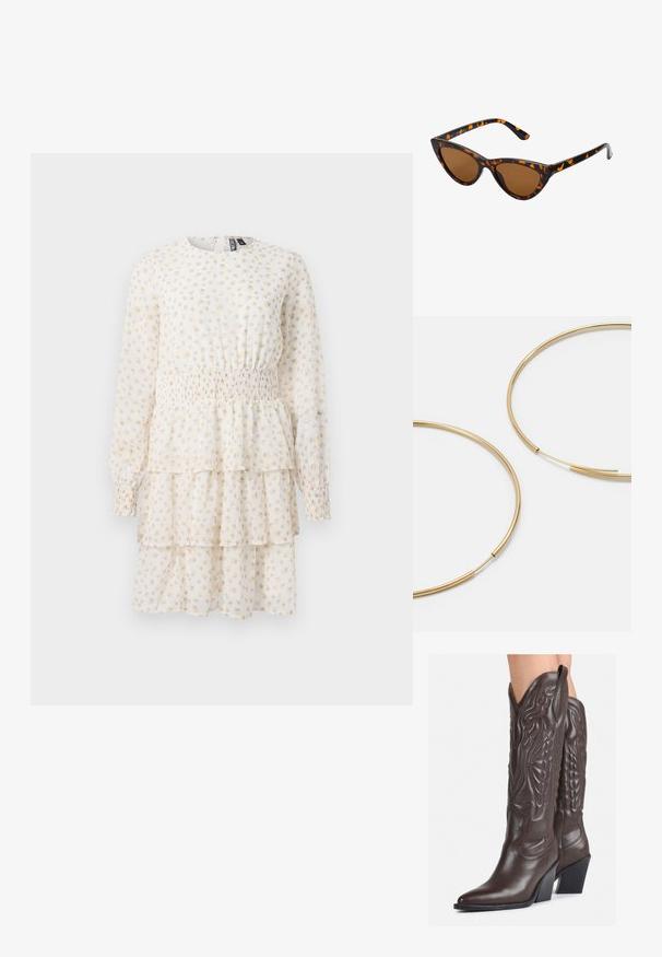 Večplastna obleka v svetlo kremni barvi z majhnim bež cvetličnim vzorcem. Ima dolge rokave in nabran pas za prilagojen kroj.; Rjave usnjene kavbojske čevlje z ostrim nosom in blok peto, ki vsebujejo podrobno šivanje in dvignjene dodatke na zgornjem delu.; Mačje oči sončna očala z okvirom v črno-oranžni želvej ohišji, rjavimi lečami in elegantnimi, ostrimi konicami. Imajo minimalistični logo na ročaju.; Zlate obroče ušesne uhane, tanke in krožne oblike, z gladko kovinsko površino brez okrasnih elementov ali vzorcev.