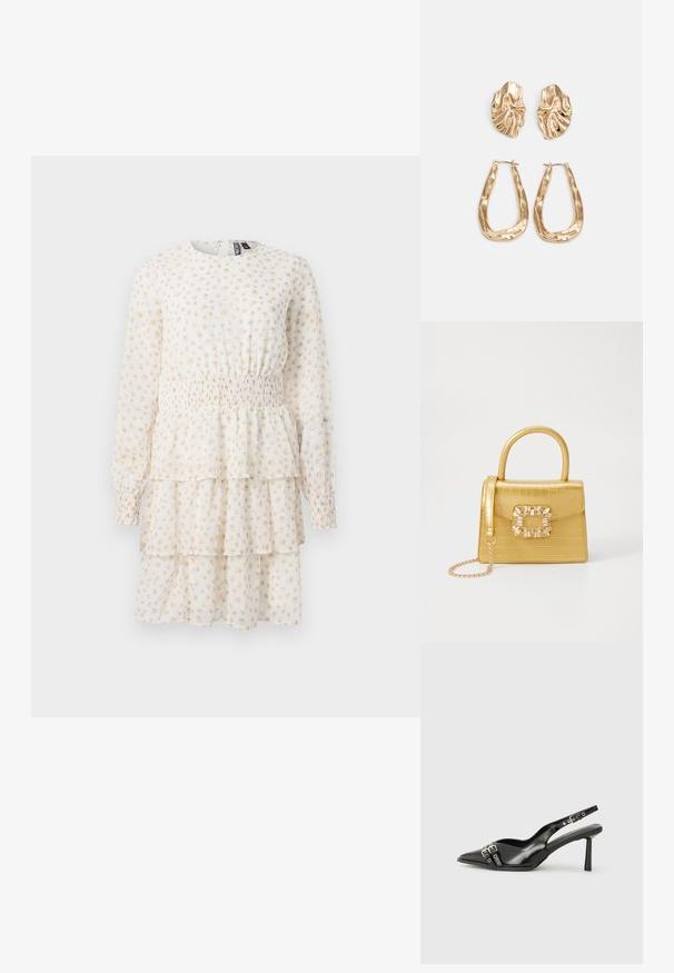 Vestido em camadas de tom creme claro com pequeno padrão floral bege. Apresenta mangas longas e uma cintura franzida para um formato ajustado.; Sapato slingback preto em pele patentada com bico apontado, tiras no tornozelo apresentando fivelas e acessórios prateados, e um salto elegante.; Bolsa amarela em pele de crocodilo falsa, com um design estruturado, pega no topo, alça de corrente removível e decoração de cristal no fecho.; Brincos em tom de ouro com formas onduladas e texturizadas. Inclui studs escultóricos com presilha e um design de argola aberta com um acabamento martelado.