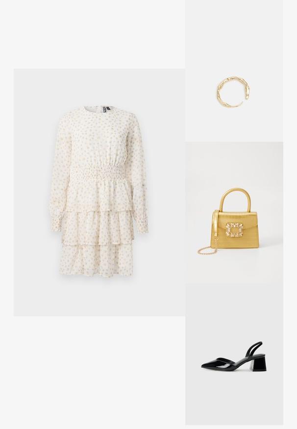 Večplastna obleka v svetlo kremni barvi z majhnim bež cvetličnim vzorcem. Ima dolge rokave in nabran pas za prilagojen kroj.; Črne lakirane slingback pete s koničastim nosom in geometrijsko blokasto peto. Imajo eleganten, minimalističen dizajn in gladko teksturo.; Rumeno usnjeno-usnje z vzorcem krokodila, s strukturiranim dizajnom, zgornjo ročajem, snemljivo verižico in dekorativnim kristalnim okrasjem na zaponki.; Zlati prstan s organskim, zvitim dizajnom, gladko površino in taperiranimi konci, ki ustvarja modernega, skulpturalnega videza.