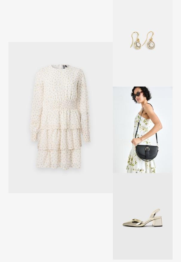 Večplastna obleka v svetlo kremni barvi z majhnim bež cvetličnim vzorcem. Ima dolge rokave in nabran pas za prilagojen kroj.; Zlati, kovinski slingback čeveljci z ostrim nosom in masivnim peto. Gladka tekstura, minimalistična zasnova in ozka zanka.; Črna usnjena torbica s ukrivljeno obliko, z odstranljivo naramnico in zlatimi dodatki. Torbica ima pokrov s podrobnostmi v obliki zaponke.; Zlato obarvani uhani z ovalnimi prozornimi kristali, ki jih obdajajo manjši prozorni kamenčki, s sistemom za oblačenje za varno nošenje.