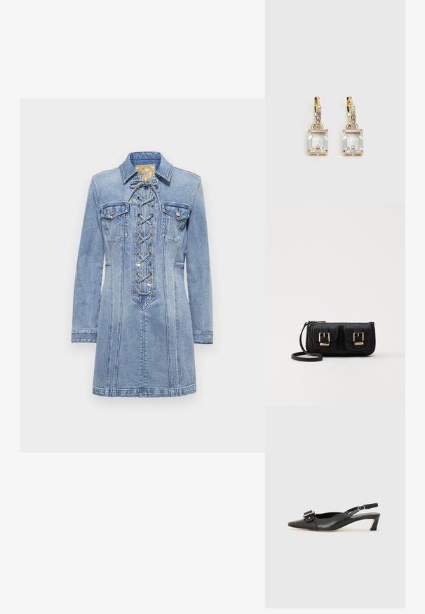 Lyseblå denimkjole med lange ermer, snøring foran, to brystlommer, detaljer i gullmetall og en tettsittende silhuett.; Svarte skinn slingback-sko med spiss tå, liten hæl og dekorativ spenne-detalj på overdelen. Glatt tekstur, minimalistisk design.; Svart skinn crossbody veske med to frontlommer, gyldne spenner, glidelåslukking og en slank stropp. Teksturert overflate og kompakt rektangulær form.; Gullfargede øreringer med en rektangulær, klar krystall som henger under en rad av små, runde klare akenter. Elegante, moderne design.