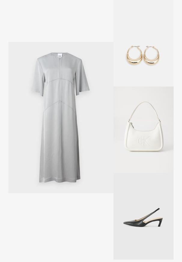Világosszürke midi ruha sima anyagból, rövid ujjakkal, kerek nyakkivágással és átlós varrásokkal a struktúrált megjelenésért.; Fekete, hegyes orrú, slingback cipő alacsony sarkával, sima bőrből készült, oldalt kivágott deisgnal a légáteresztőképesség érdekében.; Fehér bőrtáska ívelt formájú, elöl feltűnő "CK" logóval, egyetlen vállpánttal. Cipzáras zárás a tetején.; Aranyszínű, félhold alakú fülbevalók, polírozott felülettel és zsanéros záródással. A sima textúra és a fényes felület fokozza a láthatóságot.
