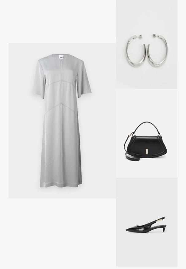 Rochie midi de culoare gri deschis, realizată dintr-un material neted, cu mâneci scurte, decolteu în formă rotundă și detalii cu cusături diagonale pentru un aspect structurat.; Sandale slingback din piele neagră cu vârf ascuțit, având un toc subțire și un accent de culoare aurie pe curea ajustabilă. Textură netedă.; Geantă de umăr din piele neagră, cu un design structurat, având o formă tăiată, mânere superioare și accente din aur. Include o curea de umăr ajustabilă.; Cercei din argint, cu un design neted și curbat. Prezintă o finisare metalică strălucitoare și închidere cu stud. Fără modele sau accente vizibile.