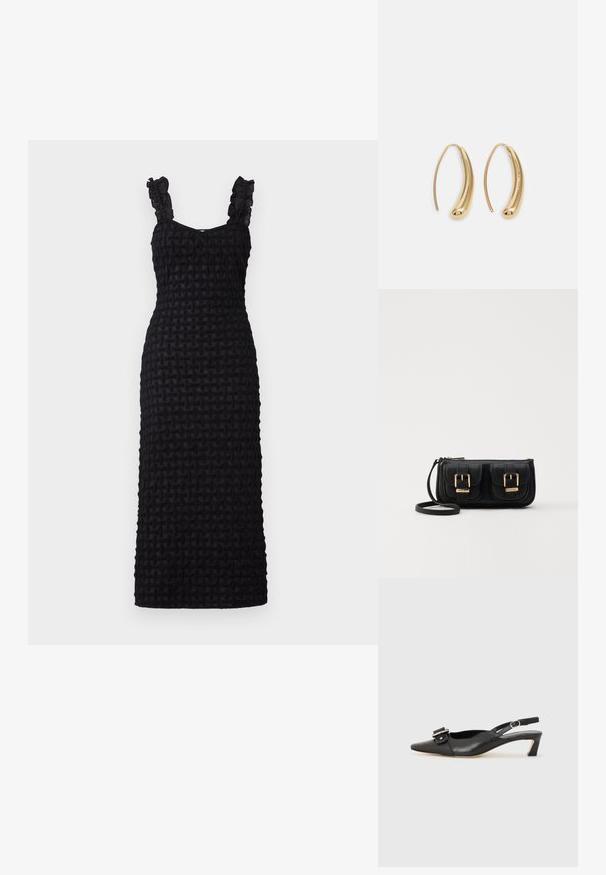 Hofmann Copenhagen CELESTE - Laisvo kirpimo suknelė - black; Juodas odinis slingback batelis su smailiu nosiu, maža pakulne ir dekoratyvine sagtimi viršuje. Lygus paviršius, minimalistas dizainas.; Juodas odinis per petį nešiojamas krepšys su dviem priekiniais kišenėmis, auksiniais sagtimis, užtrauktuko uždarymu ir siauromis petnešomis. Textūruota paviršius ir kompaktiškas stačiakampis formatas.; Auksinės metalinės auskarų kabės su lenktą, pailgą forma. Turi lygų, blizgantį paviršių ir užapvalintą galiuką papildomam akcentui.