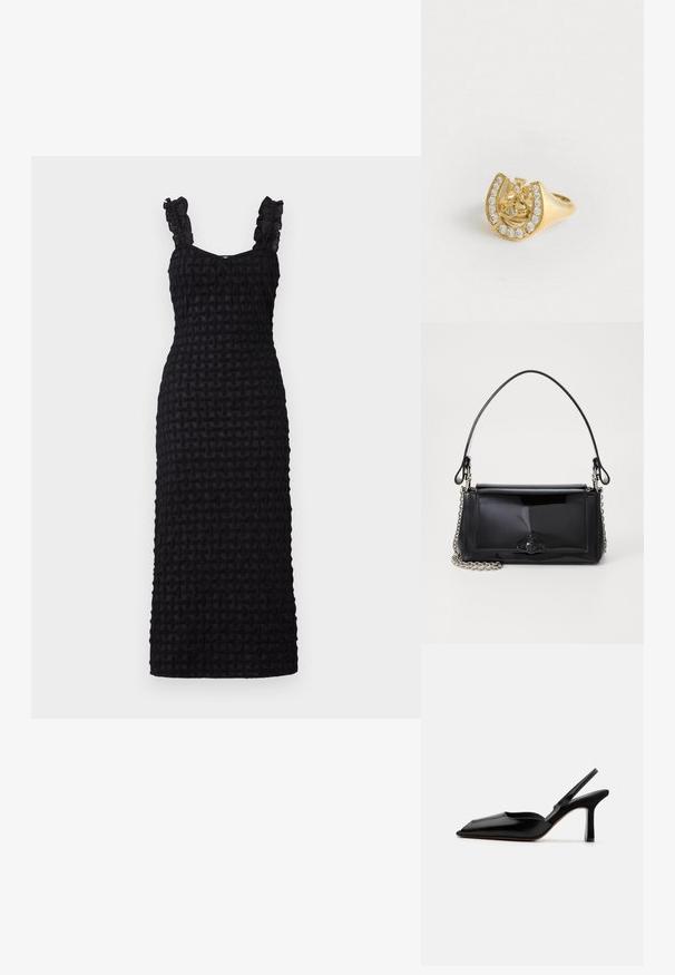 Hofmann Copenhagen CELESTE - Rochie tip creion - black; Sandale din piele neagră cu toc, cu vârf ascuțit, design minimalist, curea subțire la gleznă și toc subțire elegant. Textură netedă.; Geantă din piele patent neagră, cu o formă rectangulară, mânere din lanț și un accent distinctiv din metal în centru. Textură netedă.; Inel de aur cu un design în formă de coroană în interiorul unei potcoave, decorat cu mici pietre clare, pe un fundal alb.