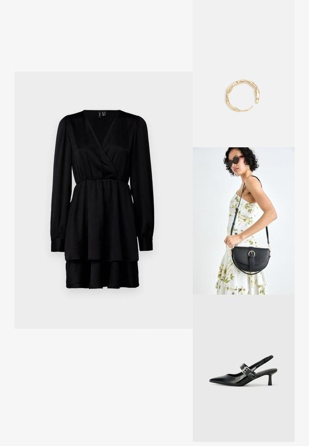 Črna obleka z zavihkom z dolgimi rokavi, teksturirana tkanina, definirano pasu in plasten hem. Ima globok V-izrez in z gumbi zapete manšete.; Črne patent usnjene slingback pete s koničastim nosom in majhnim blok peto, ki vključujejo srebrno zaponko na traku.; Črna usnjena torbica s ukrivljeno obliko, z odstranljivo naramnico in zlatimi dodatki. Torbica ima pokrov s podrobnostmi v obliki zaponke.; Zlati prstan s organskim, zvitim dizajnom, gladko površino in taperiranimi konci, ki ustvarja modernega, skulpturalnega videza.