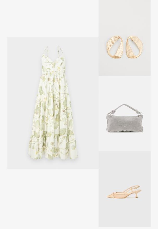 Maxiklänning i lätt tyg med blommönster i gröna och gula nyanser, med v-ringad halslinje och en lager-på-lager volangkant.; Stuart Weitzman KITTY - Pumps - beige/barely beige; Metallnät axelväska i silver, med en knuten handtag, dragkedjestängning och geometrisk form med en mjuk yta.; Ett par oregelbundna ovalformade örhängen i guldtonad metall med en strukturerad, något hamrad yta på en vit bakgrund.