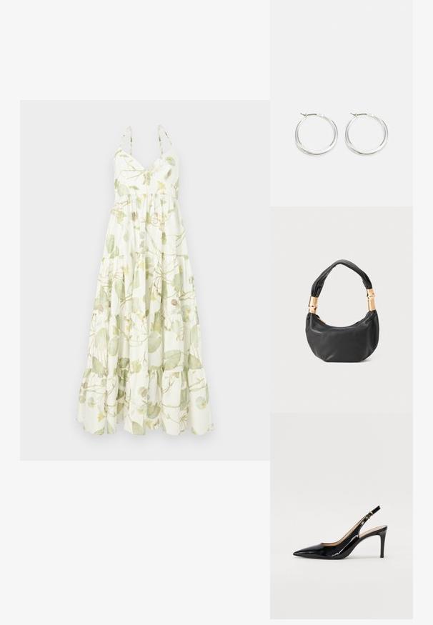 Maxi suknelė iš lengvos audinio su gėlėto rašto žaliais ir geltonais atspalviais, turinti V formos iškirptę ir daugiasluoksnį raukšlėtą apatinį kraštą.; Juodas lakinės odos slingback batelis su smailiu nosiu, plonu kulnu ir subtiliu išpjovos dizainu. Yra auksinė sagtis ant dirželio.; Juodas odinis rankinukas apvalios formos, minkštos tekstūros su susietu rankena ir auksinės spalvos detalėmis. Užtrauktuko uždarymas.; Sidabriniai žiedo auskarai turi lygią, suapvalintą formą, ploną profilį ir saugų užsegimą. Minimalistinis stilius su blizgiu apdaila.