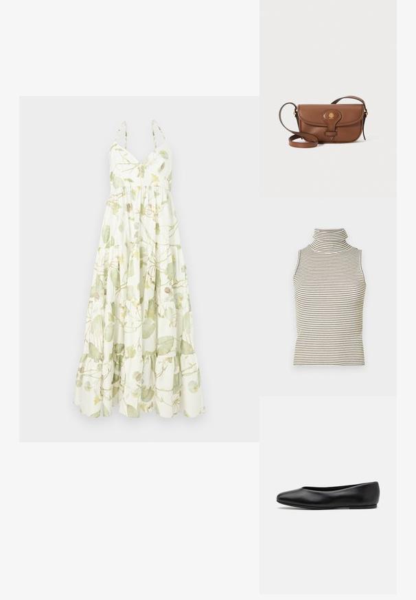 Maxi-mekko, joka on valmistettu kevyestä kankaasta, kukkakuosisena vihreän ja keltaisen sävyissä. Mekossa on v-aukko ja kerroksellinen röyhelöhelma.; Hihaton poolopaita, jossa on pystysuorat mustat ja valkoiset raidat, valmistettu teksturoidusta neulekankaasta, ja siinä on korkea, tiukka kaulus.; Paul Smith TOPANGA - Ballerinat - black; Ruskea nahkainen olkalaukku, jossa on kaareva kansi, kultaiset yksityiskohdat ja koristeellinen logo. Hihna on säädettävä ja siinä on sileä pinta.