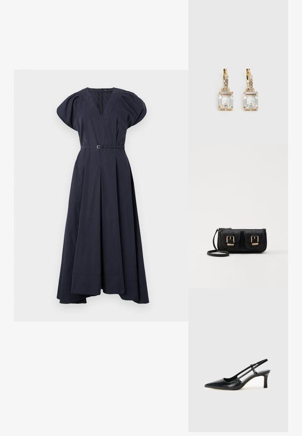 Μπλε φόρεμα με V-λαιμόκοψη, φουσκωτά κοντά μανίκια, ζώνη στη μέση και πλισέ φούστα. Φτιαγμένο από απαλό ύφασμα, έχει μια ρέουσα σιλουέτα.; Μαύρη πατέντα σλινγκμπάκ γόβα με μυτερή μύτη, διαθέτει υφή από φίδι, ρυθμιζόμενο λουρί και κοντή, υφή τετράγωνη φτέρνα.; Μαύρη δερμάτινη τσάντα ώμου με δύο μπροστινές τσέπες, χρυσά κούμπωματα, κλείσιμο με φερμουάρ και λεπτό λουρί. Υφή επιφάνειας και κομψό ορθογώνιο σχήμα.; Χρυσά σκουλαρίκια με ορθογώνιο, καθαρό κρύσταλλο που κρέμεται κάτω από μια σειρά μικρών, στρογγυλών, καθαρών λεπτομερειών. Λεπτός, σύγχρονος σχεδιασμός.